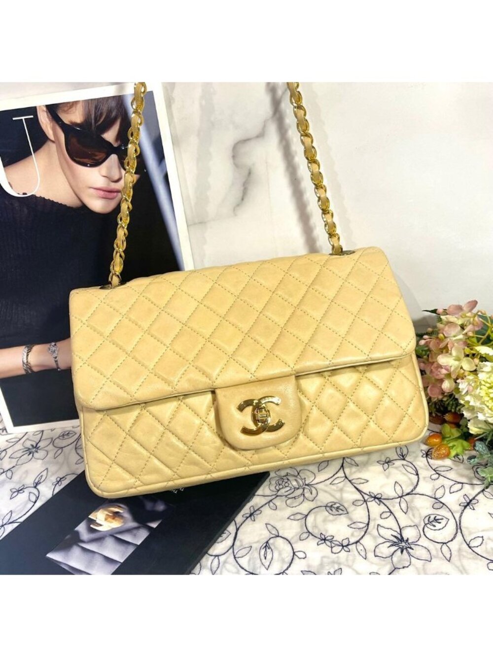 Chanel Vintage Turnlock Quilted Beige Shoulder